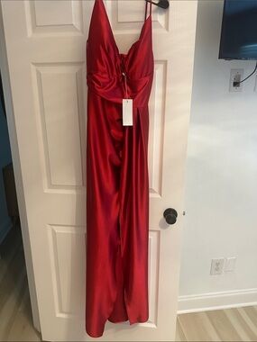 Red Satin Spaghetti Strap Evening Gown